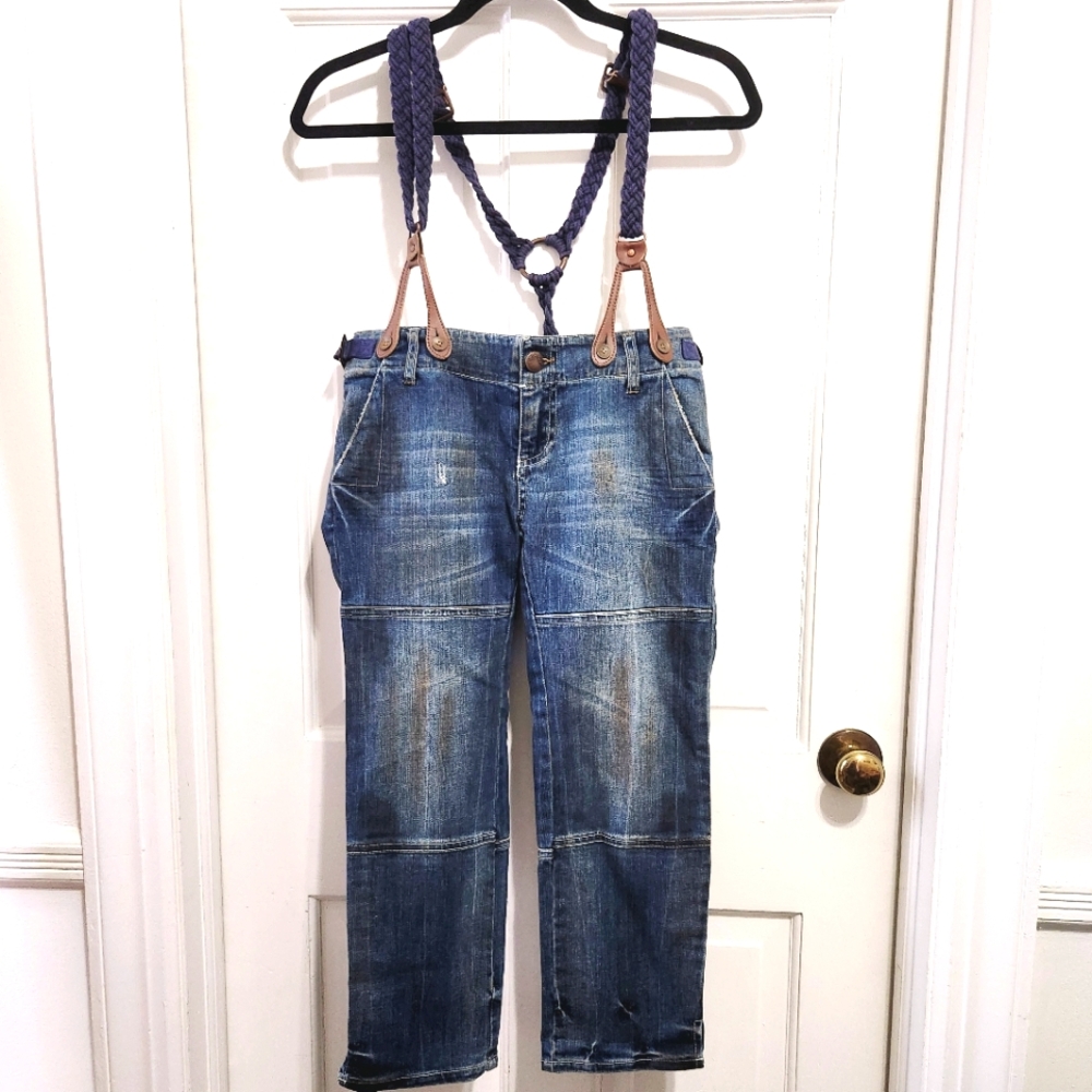 Free People Blue Denim Distressed Cropped Jeans With Blue Braided Suspenders